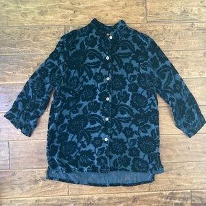 Harari Womens Medium Navy Blue Velvet Burnout Silk Blend Button Up Made in USA